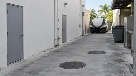 A paved service alley behind restaurants with two round grease interceptor covers and a vacuum truck parked at the far end