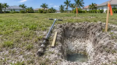 A soil test hole showing limestone with groundwater at the bottom, a hand auger and folding ruler beside it on a vacant lot