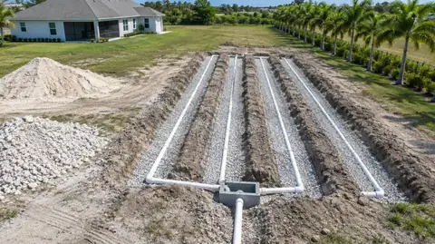 An aerial view of a new drain field under construction with parallel gravel trenches, white pipes and a distribution box