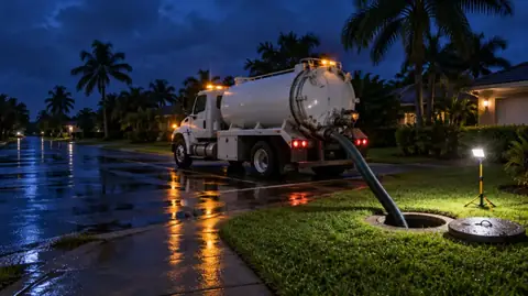 A vacuum truck with amber work lights parked on a wet street at night, its hose running to an open septic lid lit by a work light