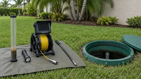 Septic inspection tools on a tarp beside an open green riser: a sludge measuring tube, a flashlight, a camera reel and a probe rod