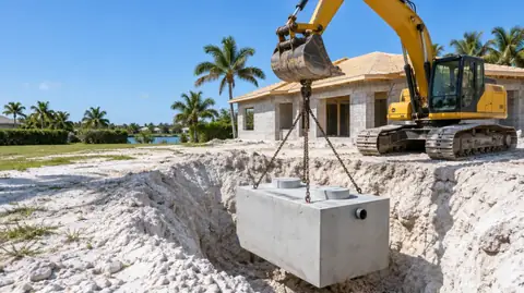 A yellow excavator lowering a new precast concrete septic tank on chains into an excavation in white sand and limestone
