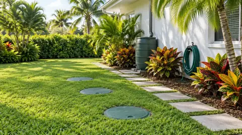 A neat backyard with three green septic riser lids at grade beside a stepping-stone path, a rain barrel and a coiled garden hose
