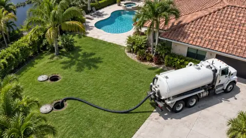 An aerial view of a vacuum truck in a driveway with its hose crossing the lawn to two open septic lids beside a tile-roof home and pool