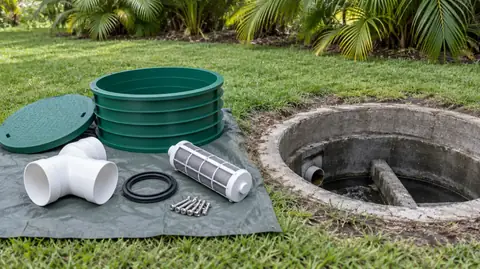 New septic parts on a tarp beside an open concrete tank: a green riser ring and lid, a white PVC tee, a gasket, a filter and screws