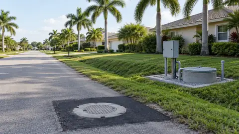 A residential street with a new sewer manhole in fresh asphalt and a small lift station with a grey control panel on the swale