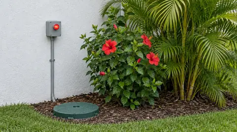 A small grey septic alarm box with a glowing red light on a white stucco wall above a green septic riser lid in mulch
