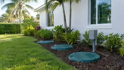 Three green aerobic treatment unit lids and a small control box in a mulched bed beside a stucco home