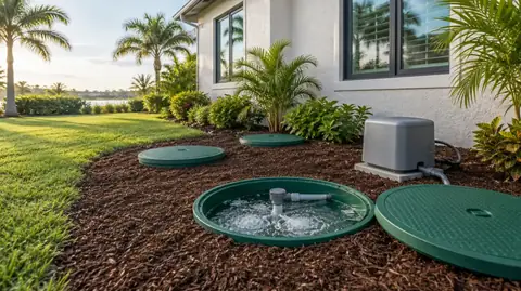 An aerobic treatment unit with one green lid off showing bubbling aerated water, other lids closed in mulch and a grey air pump beside them