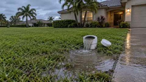 Murky water overflowing from an open white sewer cleanout onto a front lawn and driveway at dusk after rain