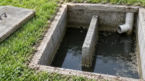 Looking into an open concrete septic tank at a concrete baffle wall and a white PVC outlet tee above dark liquid