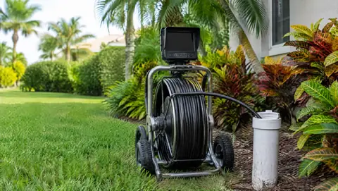 A sewer inspection camera reel with its cable fed into a white PVC cleanout in a tropical garden