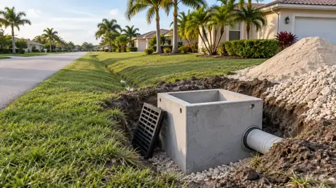 A new precast concrete catch basin box set in a swale excavation with its black grate leaning beside it and a pipe entering its side