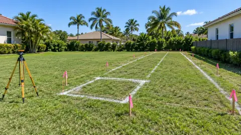 A vacant grassy lot marked with white paint lines, string and pink-flagged stakes outlining a septic tank and drain field, a surveying tripod at the corner