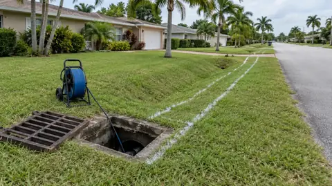 A lifted storm drain grate in a grassy street swale with an inspection camera reel feeding a cable into the inlet and white paint lines tracing the pipe