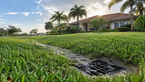 Rainwater flowing along a grassy swale into a black catch basin grate in front of a tile-roof home