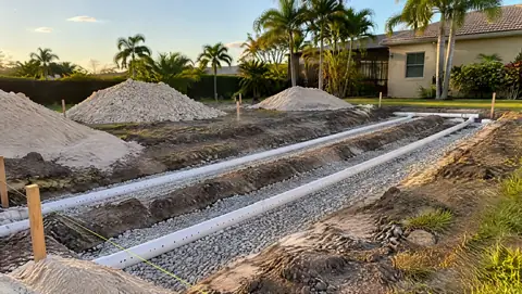 Open drain field trenches with gravel and white perforated pipe in a South Florida backyard at sunset