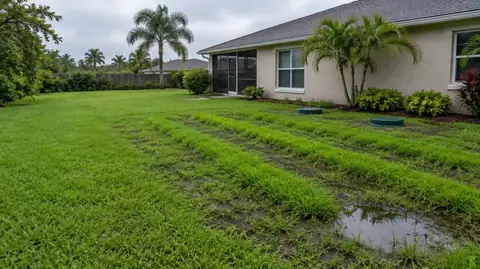 A backyard with stripes of bright green grass over drain field trenches and a puddle of standing water on the lawn