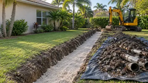 An old drain field dug out of a backyard, dark gravel and broken pipe piled on a tarp beside a fresh trench of pale sand, a yellow mini excavator behind