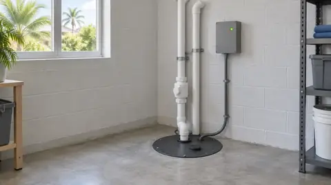 A sealed sewage ejector basin lid in a concrete utility room floor with white discharge and vent pipes and a grey control box on the wall