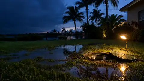 A flooded backyard at dusk with an open septic access lid lit by a portable work light