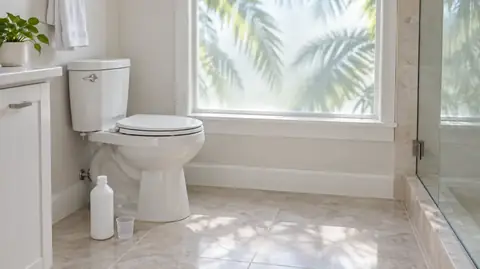 A bright tiled bathroom with a white toilet and a plain white bottle and measuring cup on the floor beside it