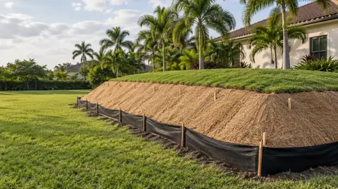 A raised septic drain field mound with straw erosion blanket on its slopes and a black silt fence along the base