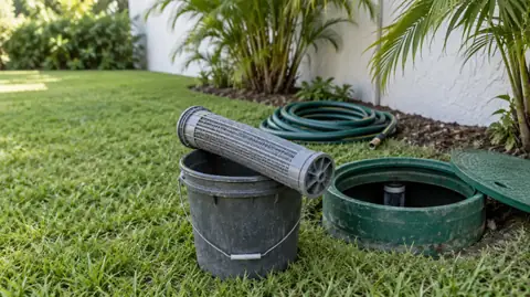 A grey slotted effluent filter cartridge resting across a bucket beside an open green septic riser in a lawn