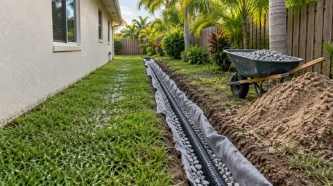 A French drain trench along a stucco house lined with grey fabric, gravel and black perforated pipe, a wheelbarrow of gravel beside it