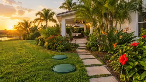 Two green septic riser lids in a lawn beside a stepping stone path through a tropical garden at sunset