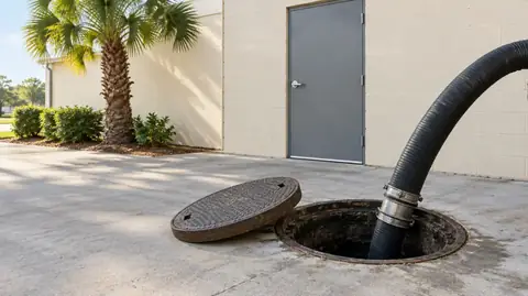 A black suction hose lowered into an open grease interceptor in the concrete behind a restaurant, its heavy cover set aside