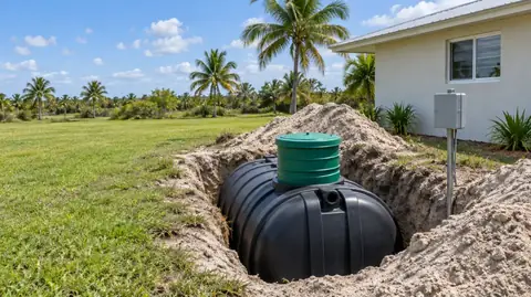 A black plastic holding tank with a green riser set in a sandy excavation beside a house, a grey alarm box on a post nearby