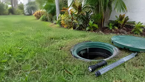 An open green septic riser with a flashlight and a clear sludge measuring tube on the grass beside it