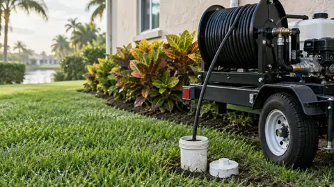 A sewer jetter hose reel on a small trailer with its hose fed into an open white PVC cleanout in a lawn