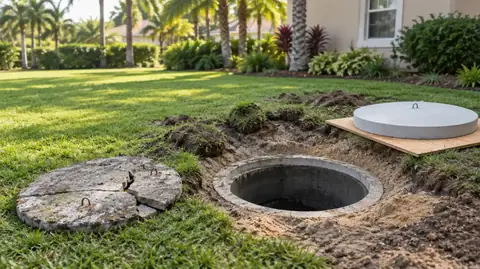 A cracked old concrete septic lid on the grass beside an open tank opening, with a new precast lid resting on plywood ready to set