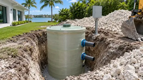 A new fiberglass lift station wet well with discharge pipe stubs set in a deep excavation beside a modern home, an excavator bucket at right