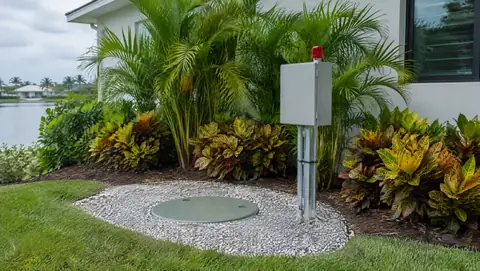 A small lift station wet well lid in a gravel pad with a grey control panel and red alarm light among crotons