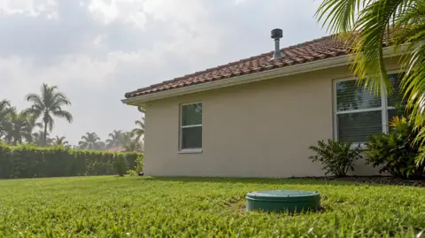 The back of a tile-roof home with a plumbing vent pipe on the roof and a green septic riser lid in the lawn under a hazy sky