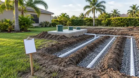 An uncovered new drain field with white pipes on gravel trenches and a new tank top with risers, a blank clipboard on a stake