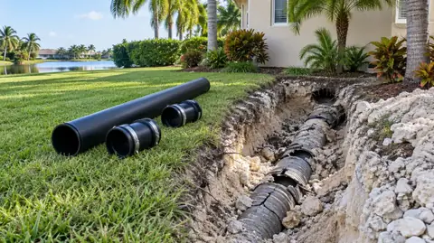 An excavation exposing a crushed old corrugated drainage pipe in limestone, with new black pipe and couplings on the grass beside it