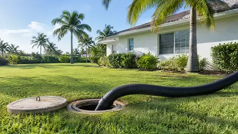A black suction hose running across a lawn into an open septic tank access port beside a stucco home