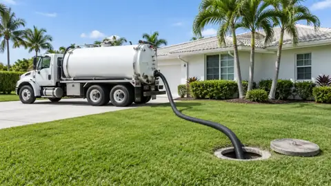 A white vacuum pump truck in the driveway of a white stucco home with its black suction hose running across the lawn into an open septic tank lid