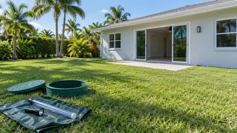 The back of an empty white home with open sliding doors, an open green septic riser and a sludge measuring tube and flashlight on a tarp in the lawn
