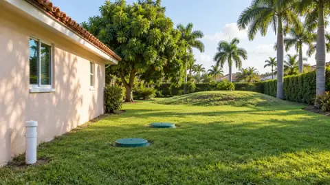 The side yard of a pink stucco home with a white sewer cleanout by the wall, two green septic lids in the lawn and a grassy drain field mound beyond