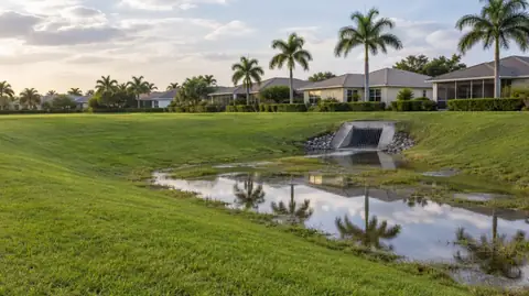 A grassed dry retention area holding storm water in front of a concrete outfall grate, with single-story homes and palms behind