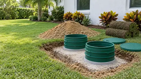 Two new green plastic riser rings sealed onto the top of an exposed concrete septic tank, with lids, sand and rolled sod beside them