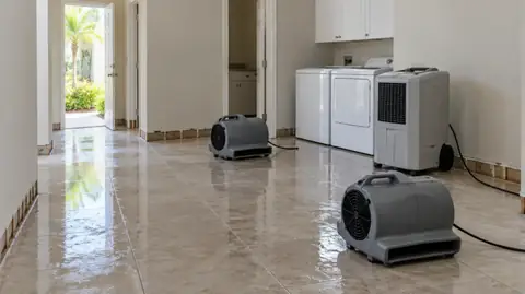 A wet, freshly disinfected tiled hallway and laundry room with two grey air movers and a dehumidifier drying the floor