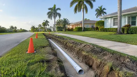 A shallow trench with a new white PVC sewer pipe along the swale of a quiet residential street with palms