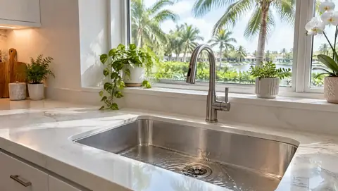 A stainless kitchen sink draining under a window that looks out to palm trees