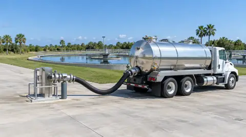 A polished steel vacuum tanker truck connected by a black hose to the receiving station of a wastewater treatment plant with round clarifiers behind